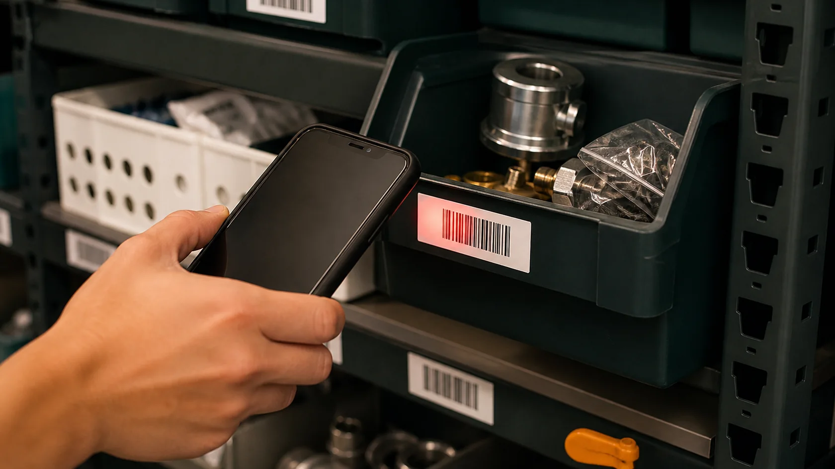 Mobile barcode capture at a clearly organised warehouse bin