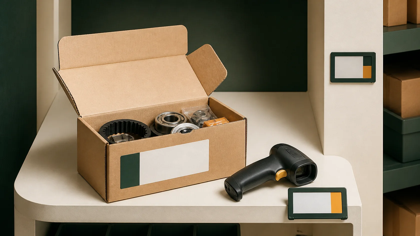 Organised warehouse carton, item label and barcode scanner