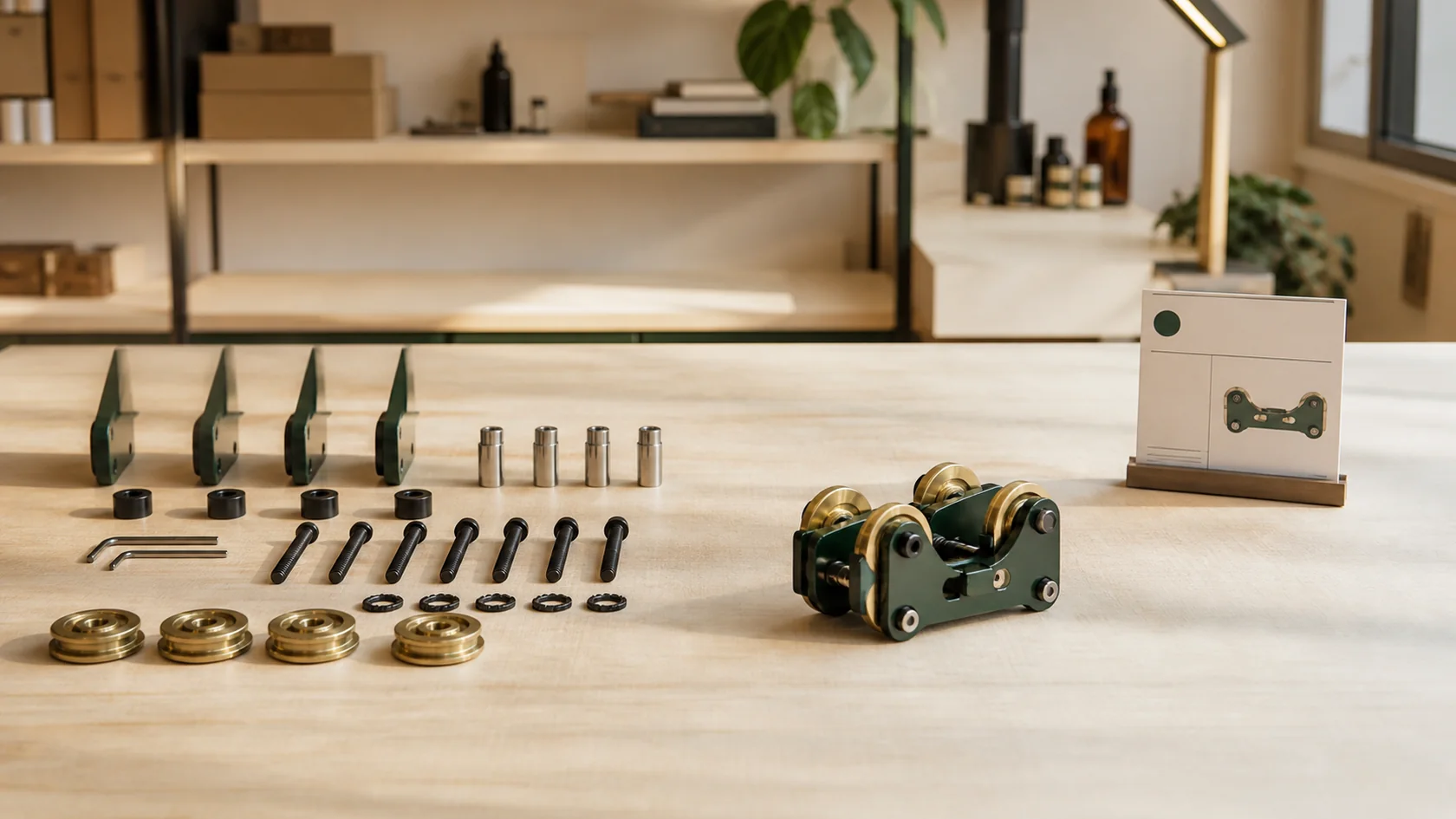 Simple components arranged beside one finished assembled item