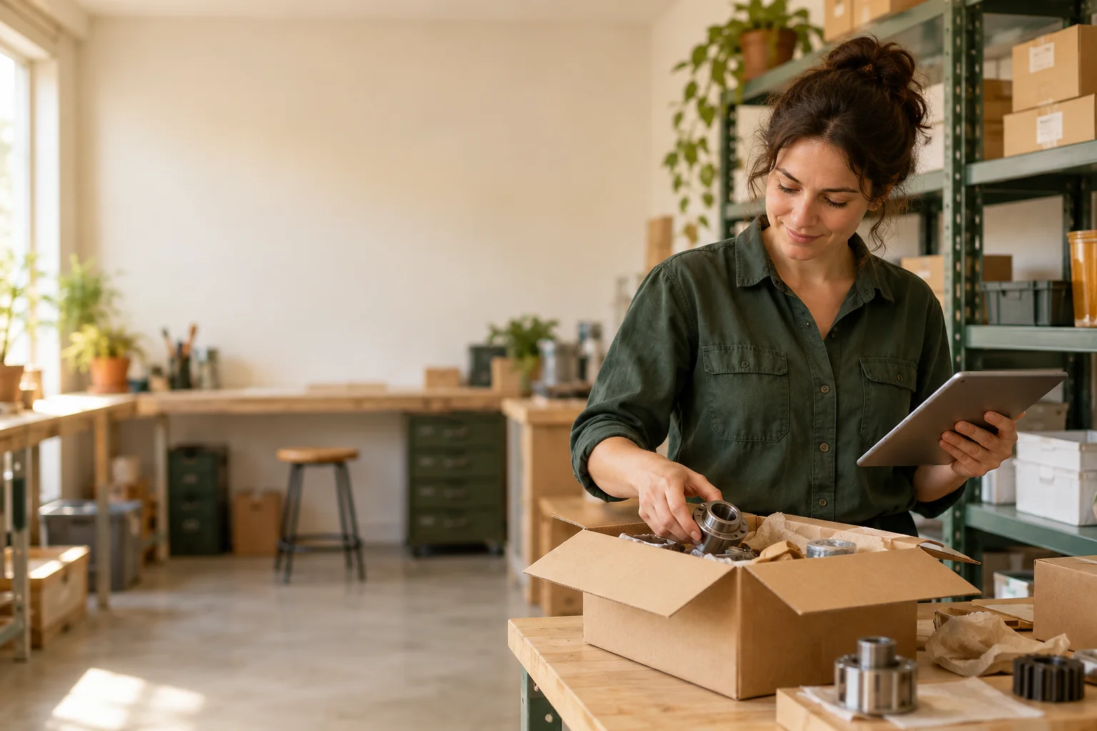A stockroom team member checking spare parts with a tablet